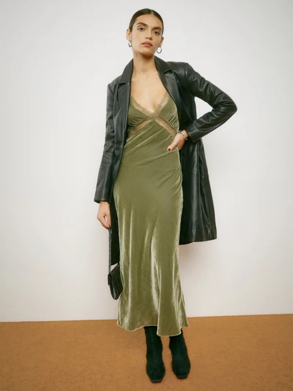 Cider Olive Green Velvet Slip Dress